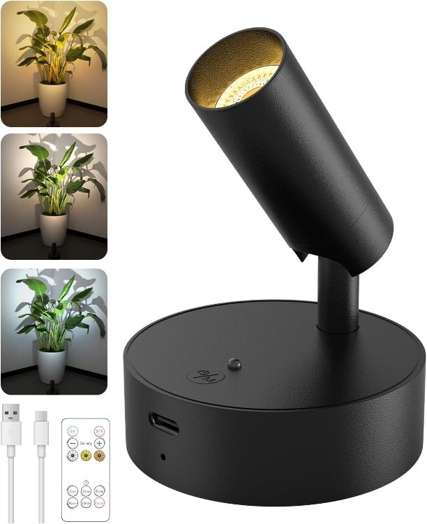 Picture of Battery Operated Spot Light Indoor with Remote, Up to 30 Days, 3 CCT | 360° Rotable, Dimmable Rechargeable Picture Light for Wall, Tree Spotlight Indoor, Uplighting Stick on Wall for Plant Artwork