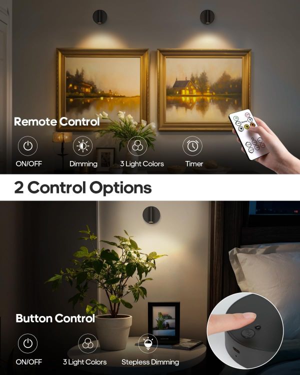 Picture of Battery Operated Spot Light Indoor with Remote, Up to 30 Days, 3 CCT | 360° Rotable, Dimmable Rechargeable Picture Light for Wall, Tree Spotlight Indoor, Uplighting Stick on Wall for Plant Artwork