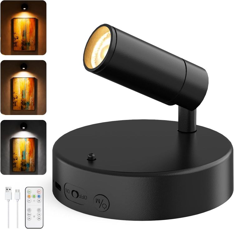 Picture of Rechargeable Wall Spotlight Indoor,24H Cycle Timer | 150LM | 10CM | 5500mAh | Dimmable Picture Lights for Wall,3CCT Painting Art Light with Remote,Uplighting Stick on Wall for Plant Artwork Display Tree [Energy Class F]