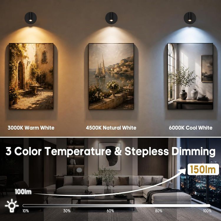 Picture of Rechargeable Wall Spotlight Indoor,24H Cycle Timer | 150LM | 10CM | 5500mAh | Dimmable Picture Lights for Wall,3CCT Painting Art Light with Remote,Uplighting Stick on Wall for Plant Artwork Display Tree [Energy Class F]