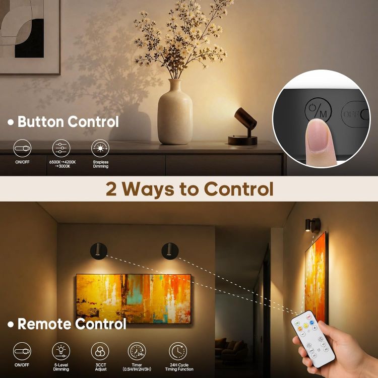 Picture of Rechargeable Wall Spotlight Indoor,24H Cycle Timer | 150LM | 10CM | 5500mAh | Dimmable Picture Lights for Wall,3CCT Painting Art Light with Remote,Uplighting Stick on Wall for Plant Artwork Display Tree [Energy Class F]