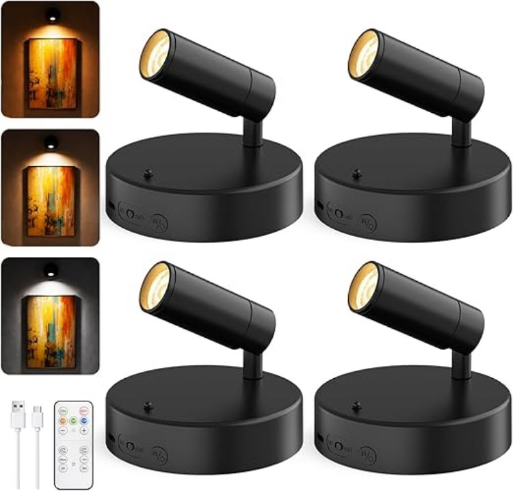 Picture of Rechargeable Wall Spotlight Indoor,24H Cycle Timer | 150LM | 10CM | 5500mAh | Dimmable Picture Lights for Wall,3CCT Painting Art Light with Remote,Uplighting Stick on Wall for Plant Artwork Display Tree [Energy Class F]
