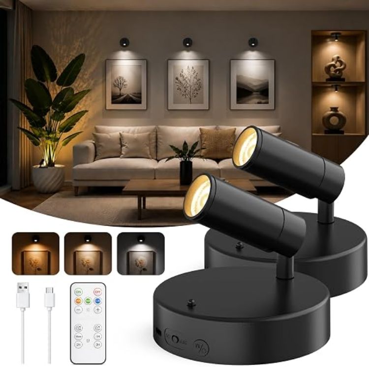 Picture of Rechargeable Wall Spotlight Indoor,24H Cycle Timer | 150LM | 10CM | 5500mAh | Dimmable Picture Lights for Wall,3CCT Painting Art Light with Remote,Uplighting Stick on Wall for Plant Artwork Display Tree [Energy Class F]