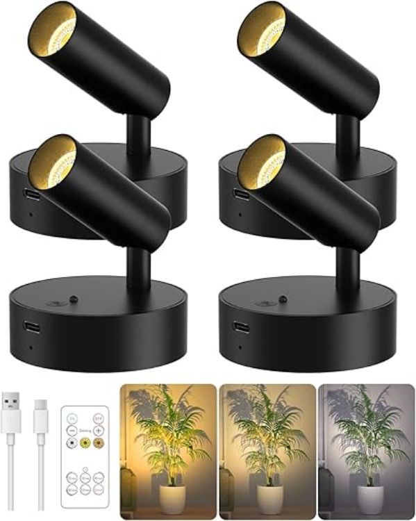 Picture of Battery Operated Spot Light Indoor with Remote, Up to 30 Days, 3 CCT | 360° Rotable, Dimmable Rechargeable Picture Light for Wall, Tree Spotlight Indoor, Uplighting Stick on Wall for Plant Artwork