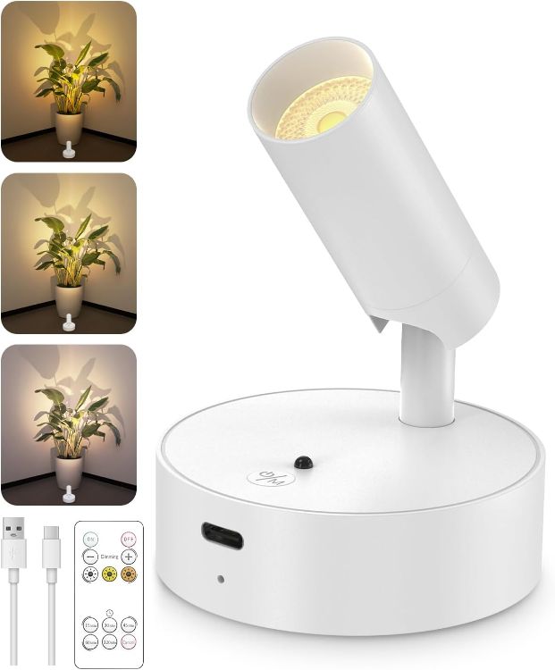 Picture of Battery Operated Spot Light Indoor with Remote, Up to 30 Days, 3 CCT | 360° Rotable, Dimmable Rechargeable Picture Light for Wall, Tree Spotlight Indoor, Uplighting Stick on Wall for Plant Artwork 