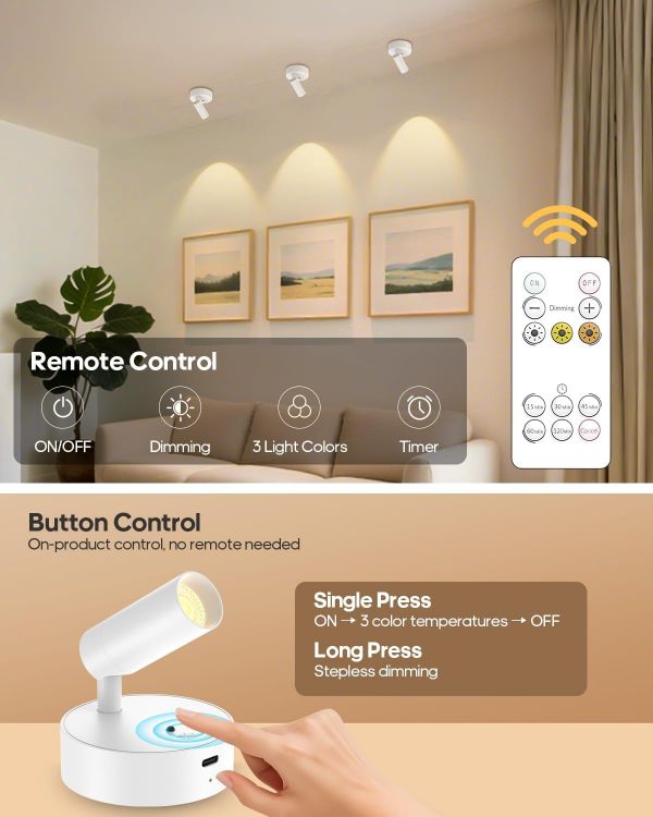 Picture of Battery Operated Spot Light Indoor with Remote, Up to 30 Days, 3 CCT | 360° Rotable, Dimmable Rechargeable Picture Light for Wall, Tree Spotlight Indoor, Uplighting Stick on Wall for Plant Artwork 