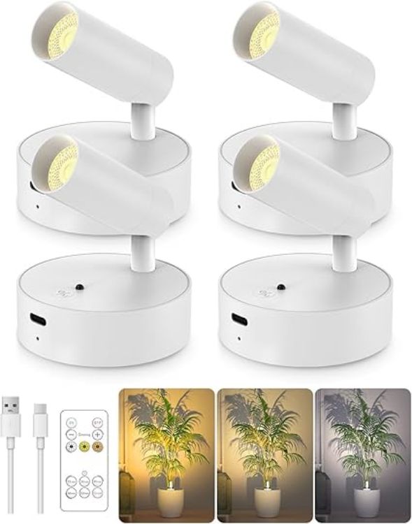 Picture of Battery Operated Spot Light Indoor with Remote, Up to 30 Days, 3 CCT | 360° Rotable, Dimmable Rechargeable Picture Light for Wall, Tree Spotlight Indoor, Uplighting Stick on Wall for Plant Artwork 