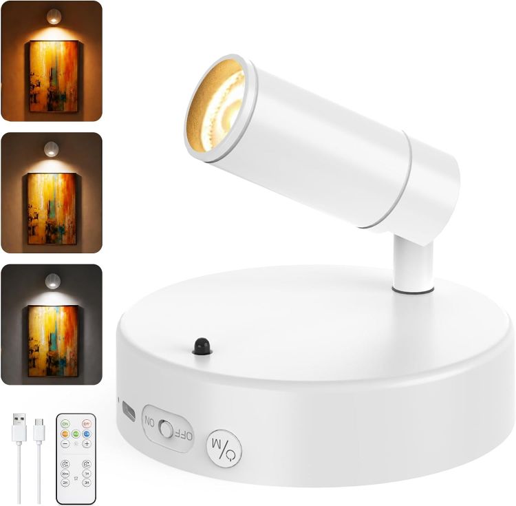 Picture of Rechargeable Wall Spotlight Indoor,24H Cycle Timer | 150LM | 10CM | 5500mAh | Dimmable Picture Lights for Wall,3CCT Painting Art Light with Remote,Uplighting Stick on Wall for Plant Artwork Display Tree