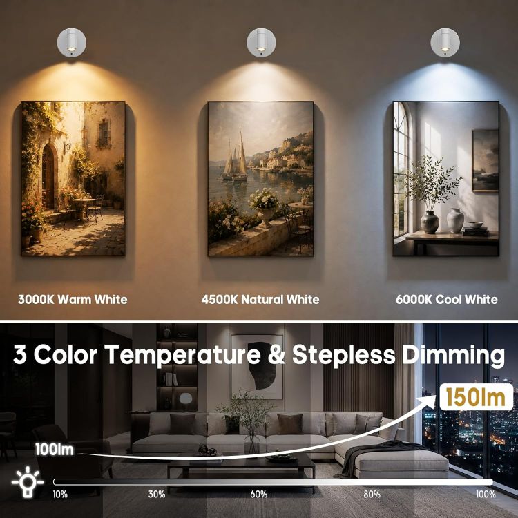 Picture of Rechargeable Wall Spotlight Indoor,24H Cycle Timer | 150LM | 10CM | 5500mAh | Dimmable Picture Lights for Wall,3CCT Painting Art Light with Remote,Uplighting Stick on Wall for Plant Artwork Display Tree