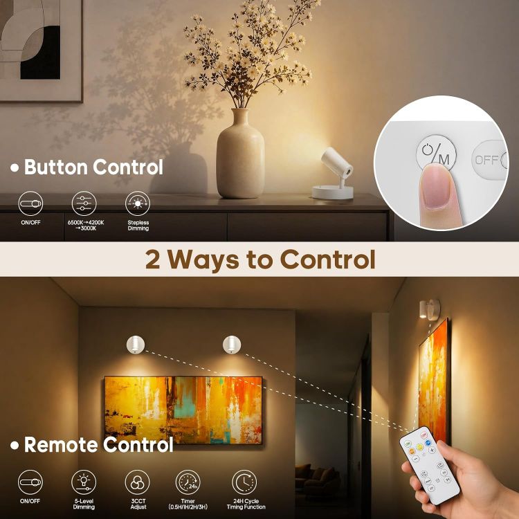 Picture of Rechargeable Wall Spotlight Indoor,24H Cycle Timer | 150LM | 10CM | 5500mAh | Dimmable Picture Lights for Wall,3CCT Painting Art Light with Remote,Uplighting Stick on Wall for Plant Artwork Display Tree