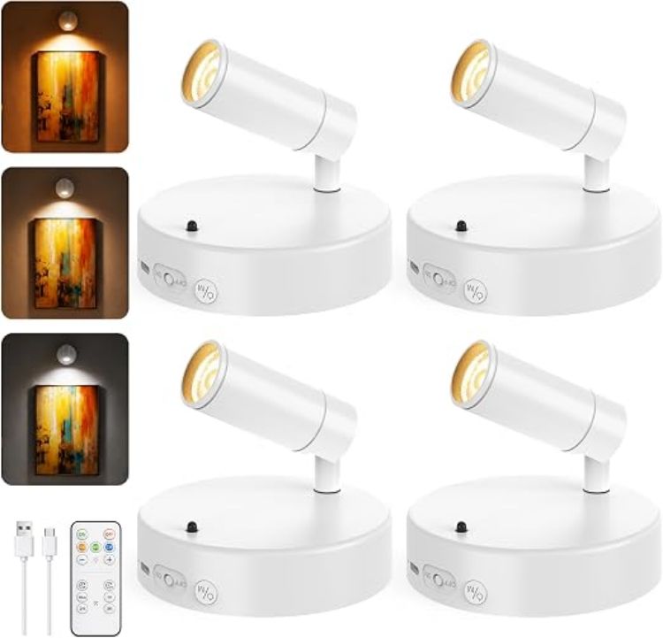 Picture of Rechargeable Wall Spotlight Indoor,24H Cycle Timer | 150LM | 10CM | 5500mAh | Dimmable Picture Lights for Wall,3CCT Painting Art Light with Remote,Uplighting Stick on Wall for Plant Artwork Display Tree