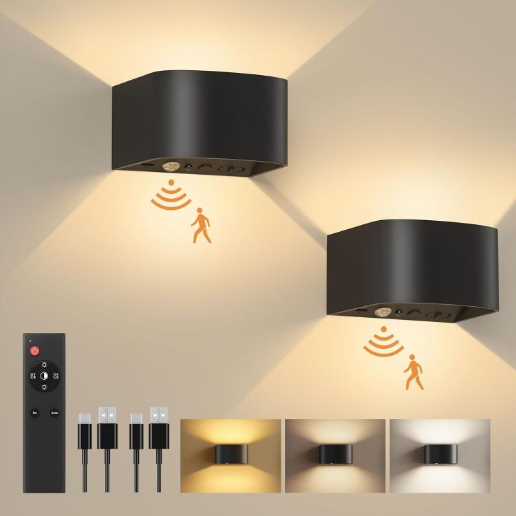 Picture of Wall Lights with Motion Sensor, Remote Control, 3 Colors, Up and Down Indoor LED Wall Sconces, On and Auto Modes, 5000mAh Rechargeable Battery Operated Wall Lamps, Brightness Adjustable