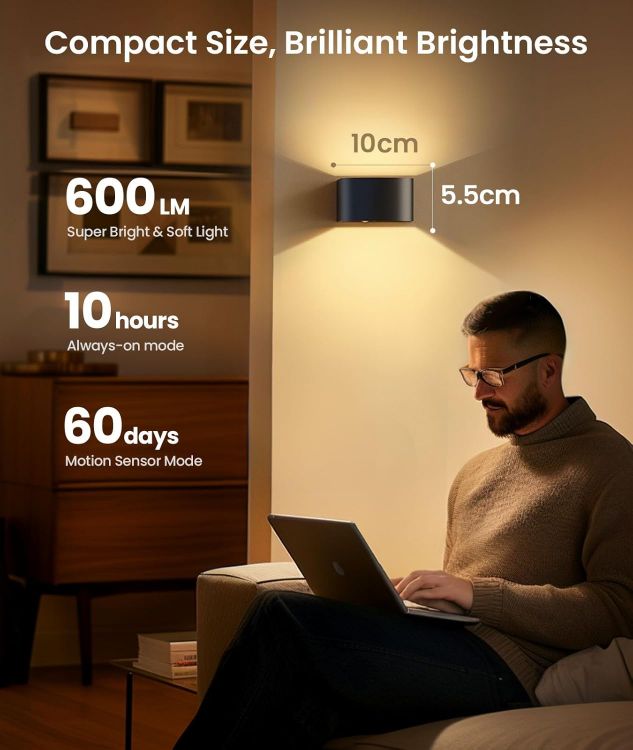 Picture of Wall Lights with Motion Sensor, Remote Control, 3 Colors, Up and Down Indoor LED Wall Sconces, On and Auto Modes, 5000mAh Rechargeable Battery Operated Wall Lamps, Brightness Adjustable