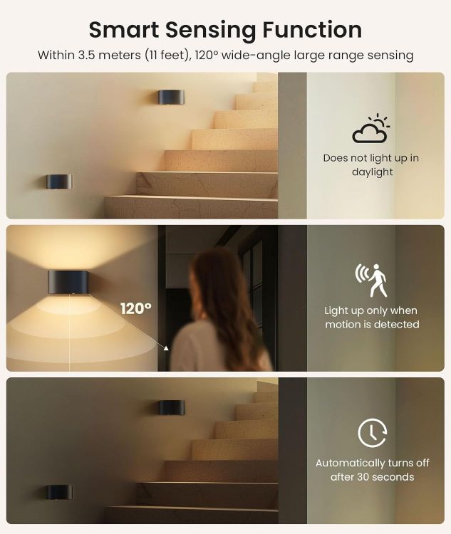 Picture of Wall Lights with Motion Sensor, Remote Control, 3 Colors, Up and Down Indoor LED Wall Sconces, On and Auto Modes, 5000mAh Rechargeable Battery Operated Wall Lamps, Brightness Adjustable