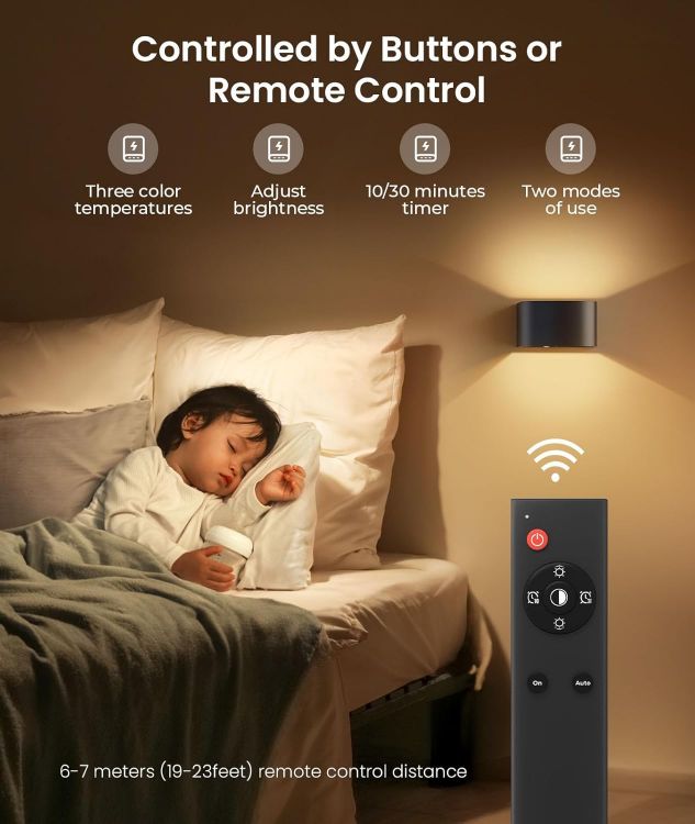 Picture of Wall Lights with Motion Sensor, Remote Control, 3 Colors, Up and Down Indoor LED Wall Sconces, On and Auto Modes, 5000mAh Rechargeable Battery Operated Wall Lamps, Brightness Adjustable