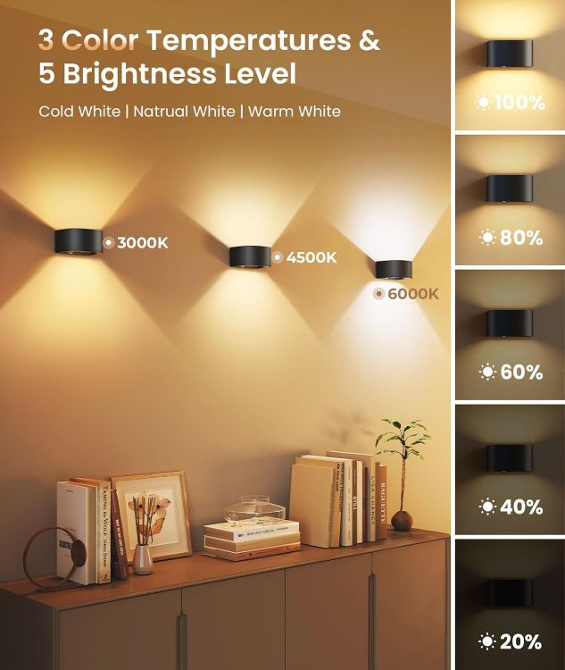 Picture of Wall Lights with Motion Sensor, Remote Control, 3 Colors, Up and Down Indoor LED Wall Sconces, On and Auto Modes, 5000mAh Rechargeable Battery Operated Wall Lamps, Brightness Adjustable