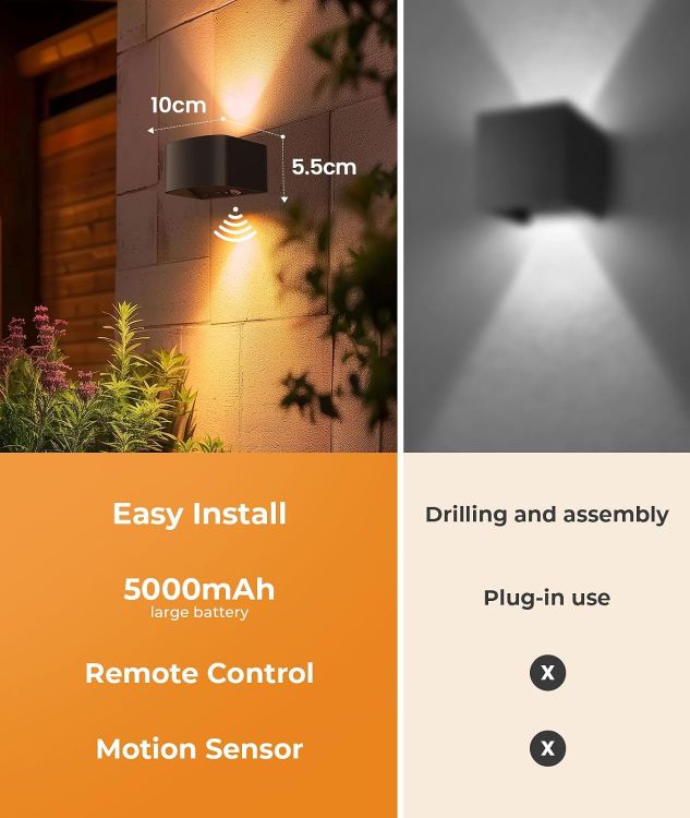 Picture of Wall Lights with Motion Sensor, Remote Control, 3 Colors, Up and Down Indoor LED Wall Sconces, On and Auto Modes, 5000mAh Rechargeable Battery Operated Wall Lamps, Brightness Adjustable