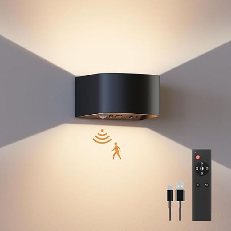 Picture of Wall Lights with Motion Sensor, Remote Control, 3 Colors, Up and Down Indoor LED Wall Sconces, On and Auto Modes, 5000mAh Rechargeable Battery Operated Wall Lamps, Brightness Adjustable