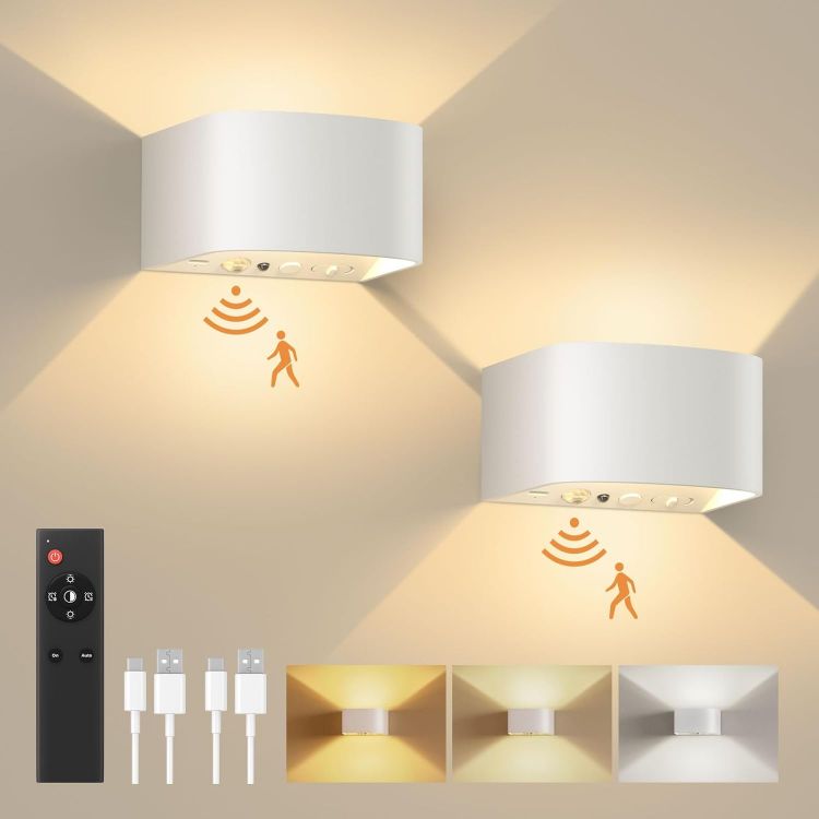 Picture of Wall Lights with Motion Sensor, Remote Control, 3 Colors,Up and Down Indoor LED Wall Sconces,On and Auto Modes,5000mAh Rechargeable Battery Operated Wall Lamps for Bedroom,Living Room,Stairs 