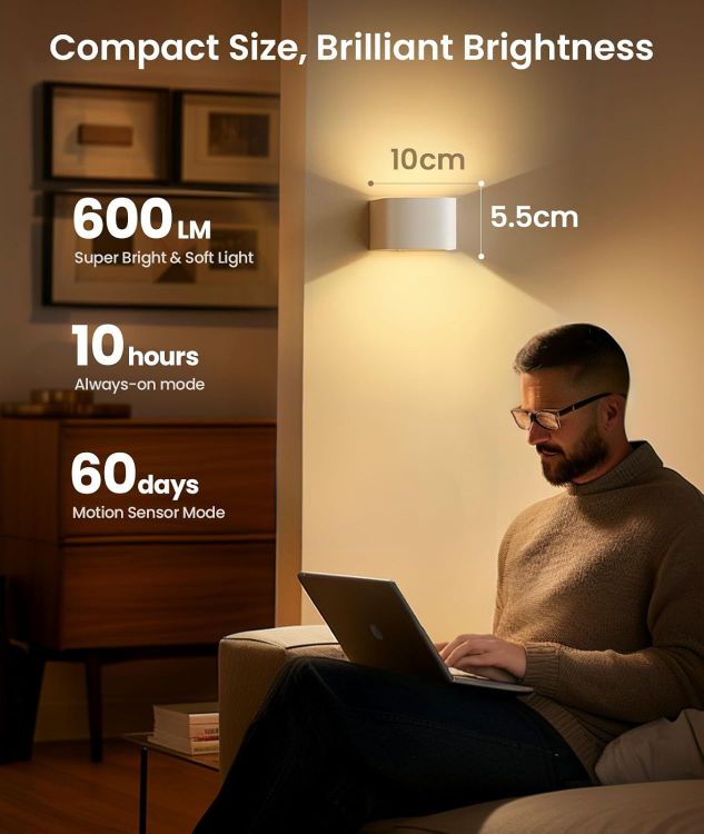 Picture of Wall Lights with Motion Sensor, Remote Control, 3 Colors,Up and Down Indoor LED Wall Sconces,On and Auto Modes,5000mAh Rechargeable Battery Operated Wall Lamps for Bedroom,Living Room,Stairs 