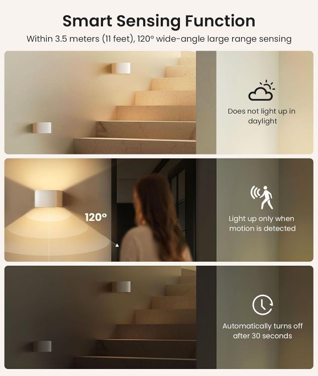 Picture of Wall Lights with Motion Sensor, Remote Control, 3 Colors,Up and Down Indoor LED Wall Sconces,On and Auto Modes,5000mAh Rechargeable Battery Operated Wall Lamps for Bedroom,Living Room,Stairs 