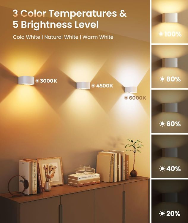 Picture of Wall Lights with Motion Sensor, Remote Control, 3 Colors,Up and Down Indoor LED Wall Sconces,On and Auto Modes,5000mAh Rechargeable Battery Operated Wall Lamps for Bedroom,Living Room,Stairs 