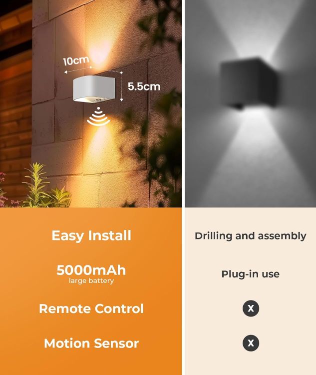 Picture of Wall Lights with Motion Sensor, Remote Control, 3 Colors,Up and Down Indoor LED Wall Sconces,On and Auto Modes,5000mAh Rechargeable Battery Operated Wall Lamps for Bedroom,Living Room,Stairs 