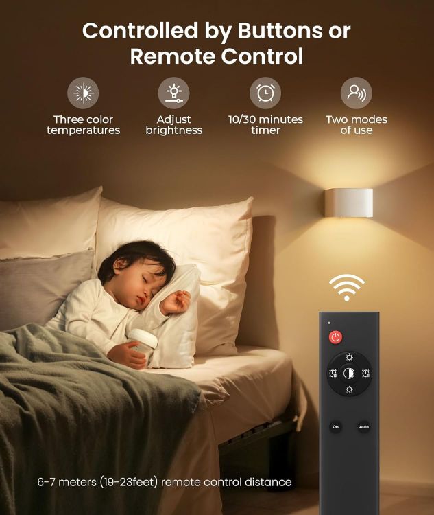 Picture of Wall Lights with Motion Sensor, Remote Control, 3 Colors,Up and Down Indoor LED Wall Sconces,On and Auto Modes,5000mAh Rechargeable Battery Operated Wall Lamps for Bedroom,Living Room,Stairs 