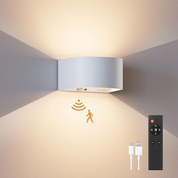Picture of Wall Lights with Motion Sensor, Remote Control, 3 Colors,Up and Down Indoor LED Wall Sconces,On and Auto Modes,5000mAh Rechargeable Battery Operated Wall Lamps for Bedroom,Living Room,Stairs 