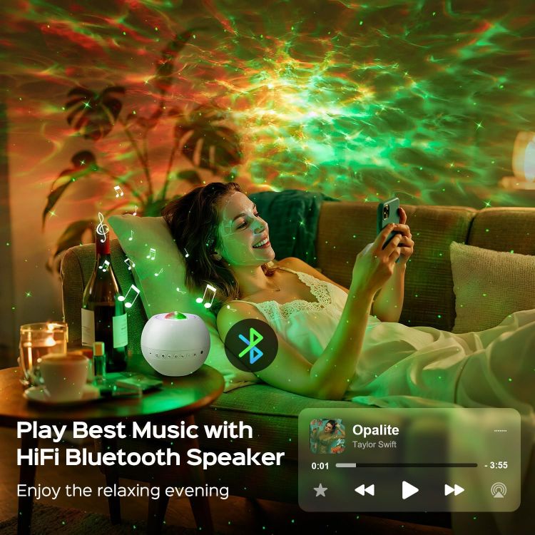 Picture of Galaxy Projector,15 Colors,Gifts Girl & Women & Boy, Birthday, White Noise | 7 Brightness,4 Speed,Green Star,Bluetooth,Romote,Timer,Teen,Bedroom Accessories,Decor,Relax,Party,Led Lights,Ocean,Lava Lamp