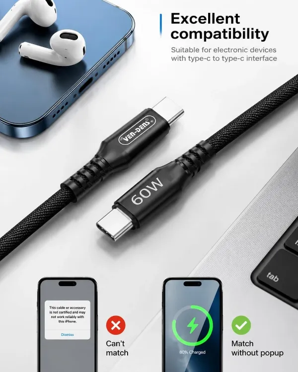 Picture of USB C to USB C Cable 60W Fast Charging Braided Charger For Samsung Galaxy 1M