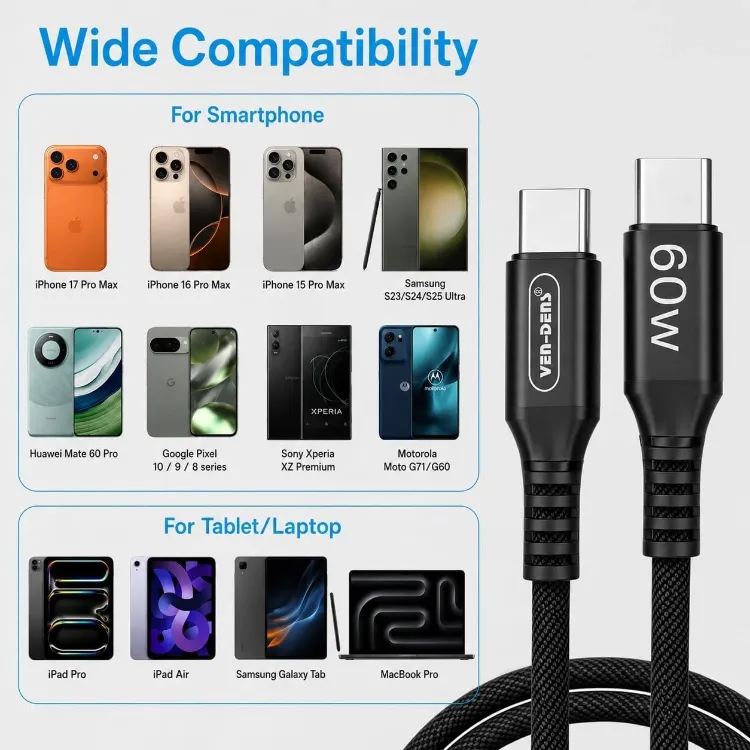 Picture of USB C to USB C Cable 60W Fast Charging Braided Charger For Samsung Galaxy 1M
