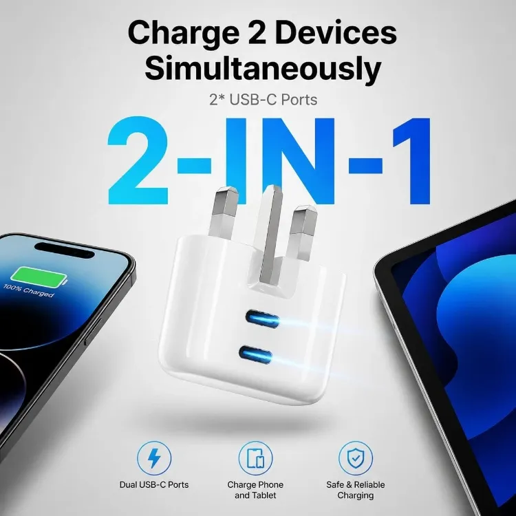 Picture of 45W VEN-DENS PD GaN USB C Charger Dual USB C Fast Charging Plug UK 3 Pin Adapter