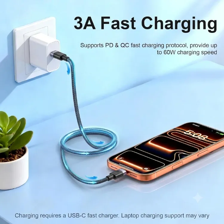Picture of USB C to USB-C Charger Cable 60W Braided 1m, 2m, 3m, Cable For Iphone & Samsung