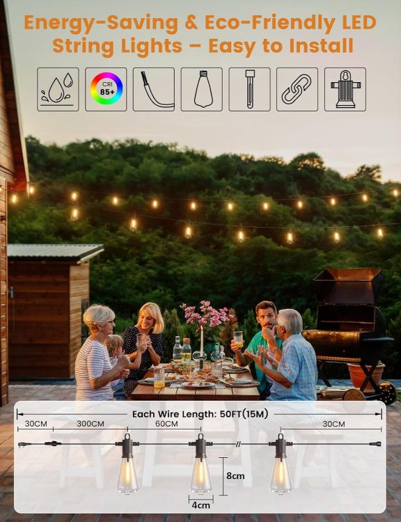 Picture of 50Ft Outdoor Garden String Lights Mains Powered, ST38 Waterproof IP65 LED String Lights, Warm White Patio Festoon Lights for Backyard, Bistro, Café, Party, Wedding, 22Pcs Vintage Bulbs