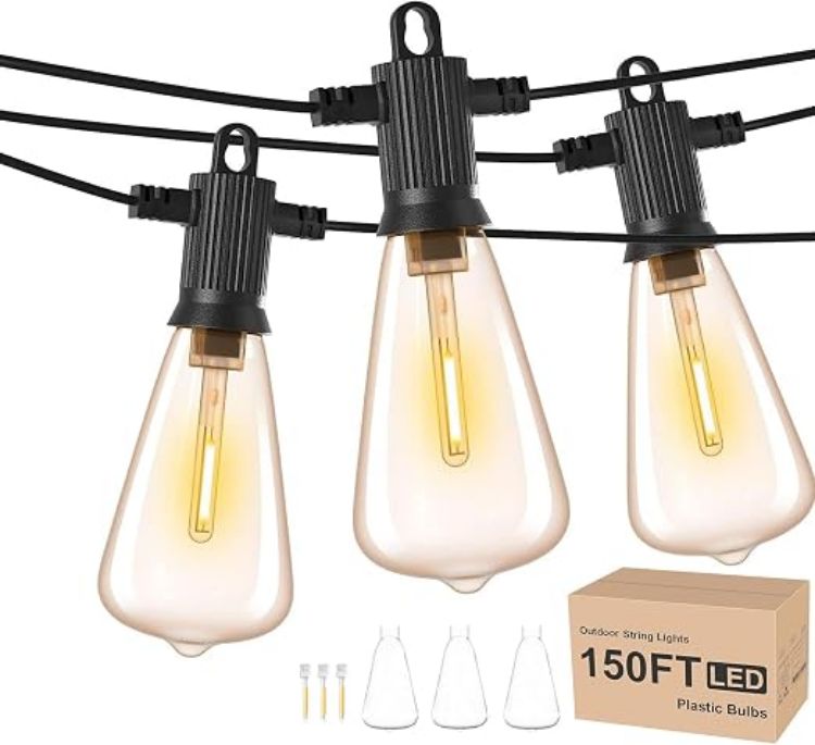 Picture of 50Ft Outdoor Garden String Lights Mains Powered, ST38 Waterproof IP65 LED String Lights, Warm White Patio Festoon Lights for Backyard, Bistro, Café, Party, Wedding, 22Pcs Vintage Bulbs