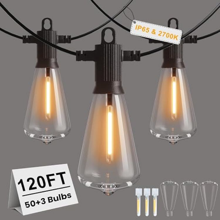 Picture of 50Ft Outdoor Garden String Lights Mains Powered, ST38 Waterproof IP65 LED String Lights, Warm White Patio Festoon Lights for Backyard, Bistro, Café, Party, Wedding, 22Pcs Vintage Bulbs