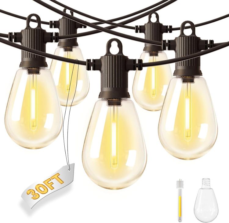 Picture of 30FT S14 Festoon Lights Outdoor Mains Powered IP65 Waterproof Outdoor String Lights LED, Garden String Lights with 10+1 Plastic Shatterproof Bulbs Outside Lights for Patio Party Wedding, 2700K
