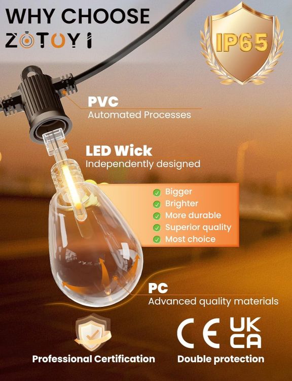 Picture of 30FT S14 Festoon Lights Outdoor Mains Powered IP65 Waterproof Outdoor String Lights LED, Garden String Lights with 10+1 Plastic Shatterproof Bulbs Outside Lights for Patio Party Wedding, 2700K
