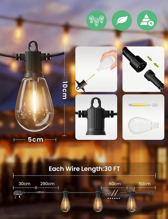 Picture of 30FT S14 Festoon Lights Outdoor Mains Powered IP65 Waterproof Outdoor String Lights LED, Garden String Lights with 10+1 Plastic Shatterproof Bulbs Outside Lights for Patio Party Wedding, 2700K
