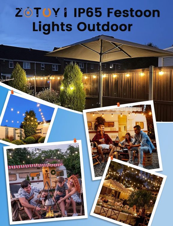 Picture of 30FT S14 Festoon Lights Outdoor Mains Powered IP65 Waterproof Outdoor String Lights LED, Garden String Lights with 10+1 Plastic Shatterproof Bulbs Outside Lights for Patio Party Wedding, 2700K