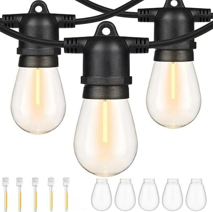 Picture of 30FT S14 Festoon Lights Outdoor Mains Powered IP65 Waterproof Outdoor String Lights LED, Garden String Lights with 10+1 Plastic Shatterproof Bulbs Outside Lights for Patio Party Wedding, 2700K