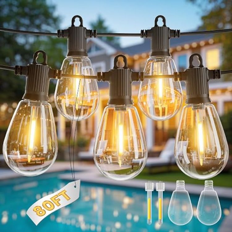 Picture of 30FT S14 Festoon Lights Outdoor Mains Powered IP65 Waterproof Outdoor String Lights LED, Garden String Lights with 10+1 Plastic Shatterproof Bulbs Outside Lights for Patio Party Wedding, 2700K