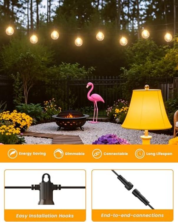 Picture of  Outdoor Garden String Lights Mains Powered, 15m Festoon Lights with 25+2 G50 LED Shatterproof Bulbs, IP65 Waterproof Connectable Outside Lights for Backyard Patio Wedding Party(Warm White)