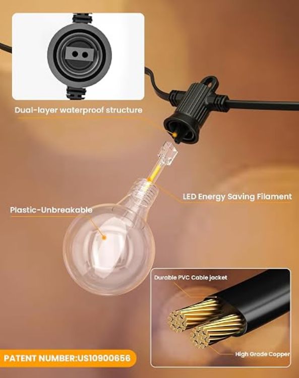 Picture of  Outdoor Garden String Lights Mains Powered, 15m Festoon Lights with 25+2 G50 LED Shatterproof Bulbs, IP65 Waterproof Connectable Outside Lights for Backyard Patio Wedding Party(Warm White)