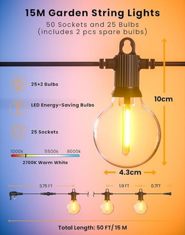 Picture of  Outdoor Garden String Lights Mains Powered, 15m Festoon Lights with 25+2 G50 LED Shatterproof Bulbs, IP65 Waterproof Connectable Outside Lights for Backyard Patio Wedding Party(Warm White)