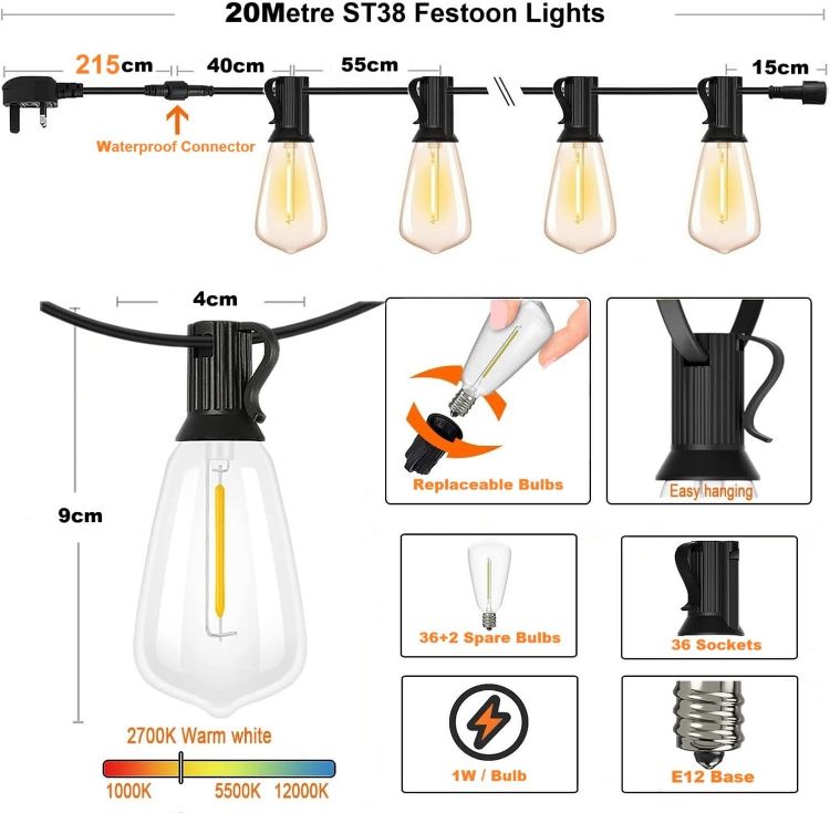 Picture of 20M Outdoor LED Festoon String Lights, 36+2 Warm White ST38 Bulbs, Waterproof Garden Lights for Patio Pergola Backyard Fence Houseroof, Party, Wedding, Extendable, Zip Ties Included for Install