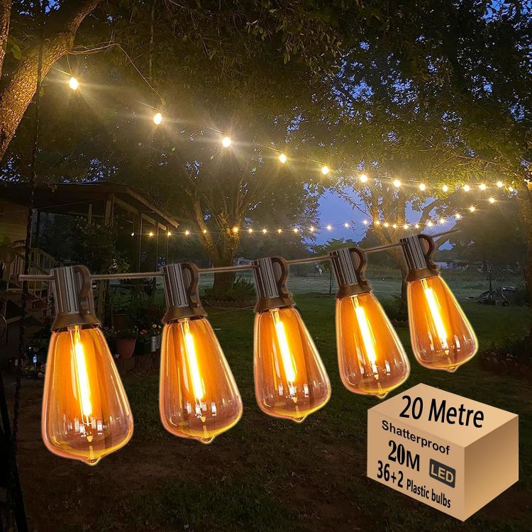Picture of 20M Outdoor LED Festoon String Lights, 36+2 Warm White ST38 Bulbs, Waterproof Garden Lights for Patio Pergola Backyard Fence Houseroof, Party, Wedding, Extendable, Zip Ties Included for Install