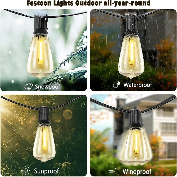 Picture of 20M Outdoor LED Festoon String Lights, 36+2 Warm White ST38 Bulbs, Waterproof Garden Lights for Patio Pergola Backyard Fence Houseroof, Party, Wedding, Extendable, Zip Ties Included for Install