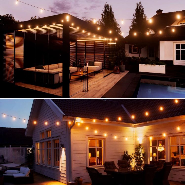 Picture of 20M Outdoor LED Festoon String Lights, 36+2 Warm White ST38 Bulbs, Waterproof Garden Lights for Patio Pergola Backyard Fence Houseroof, Party, Wedding, Extendable, Zip Ties Included for Install